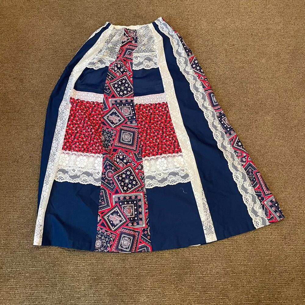 VTG 70s Patchwork Prairie Maxi‎ Skirt S/M Red White Blue Lace Boho Cottagecore